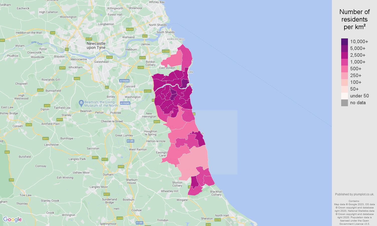 Sunderland population density map