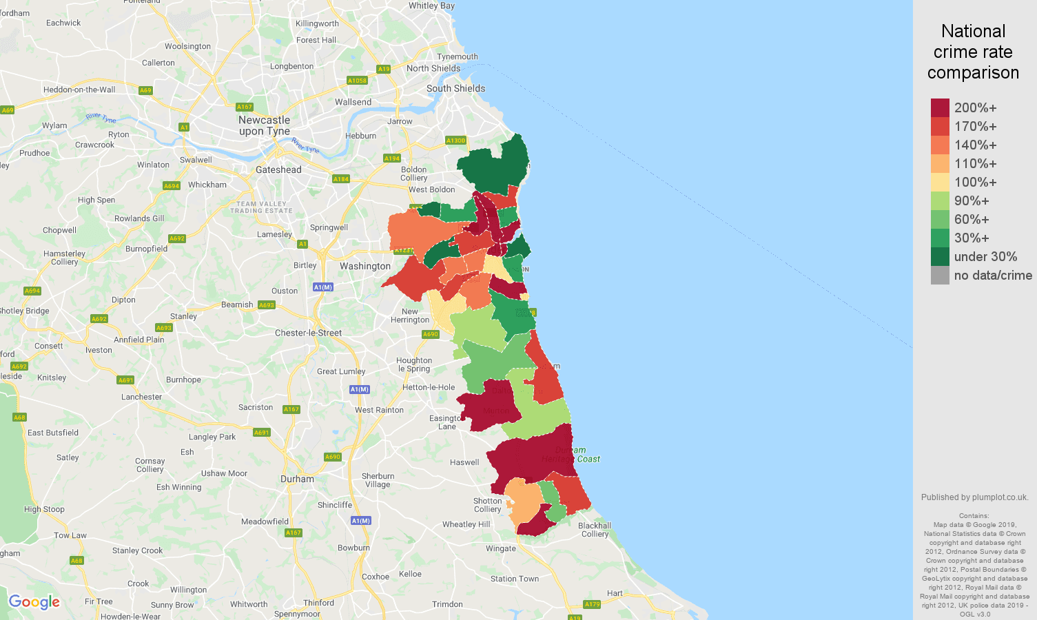 Sunderland shoplifting crime rate comparison map