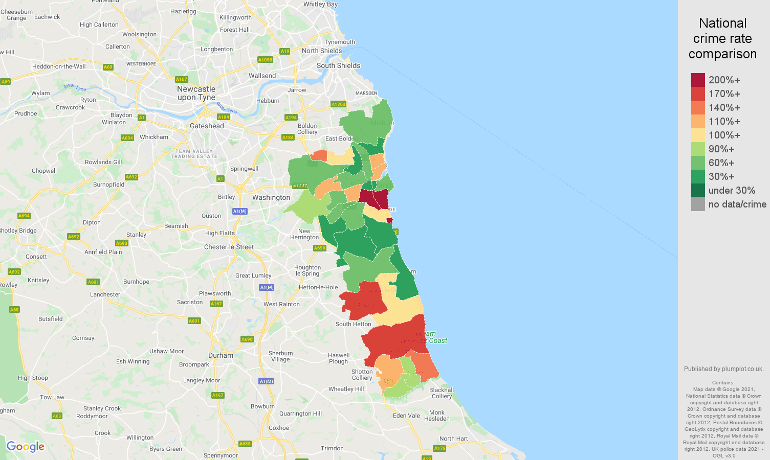 Sunderland vehicle crime rate comparison map