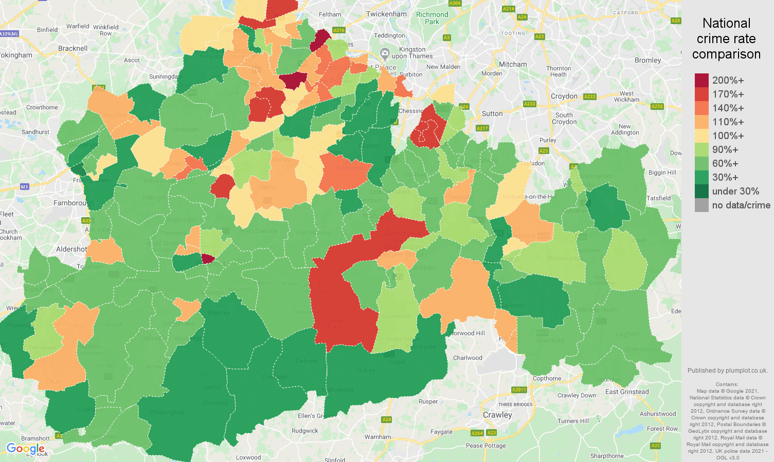 Surrey antisocial behaviour crime rate comparison map