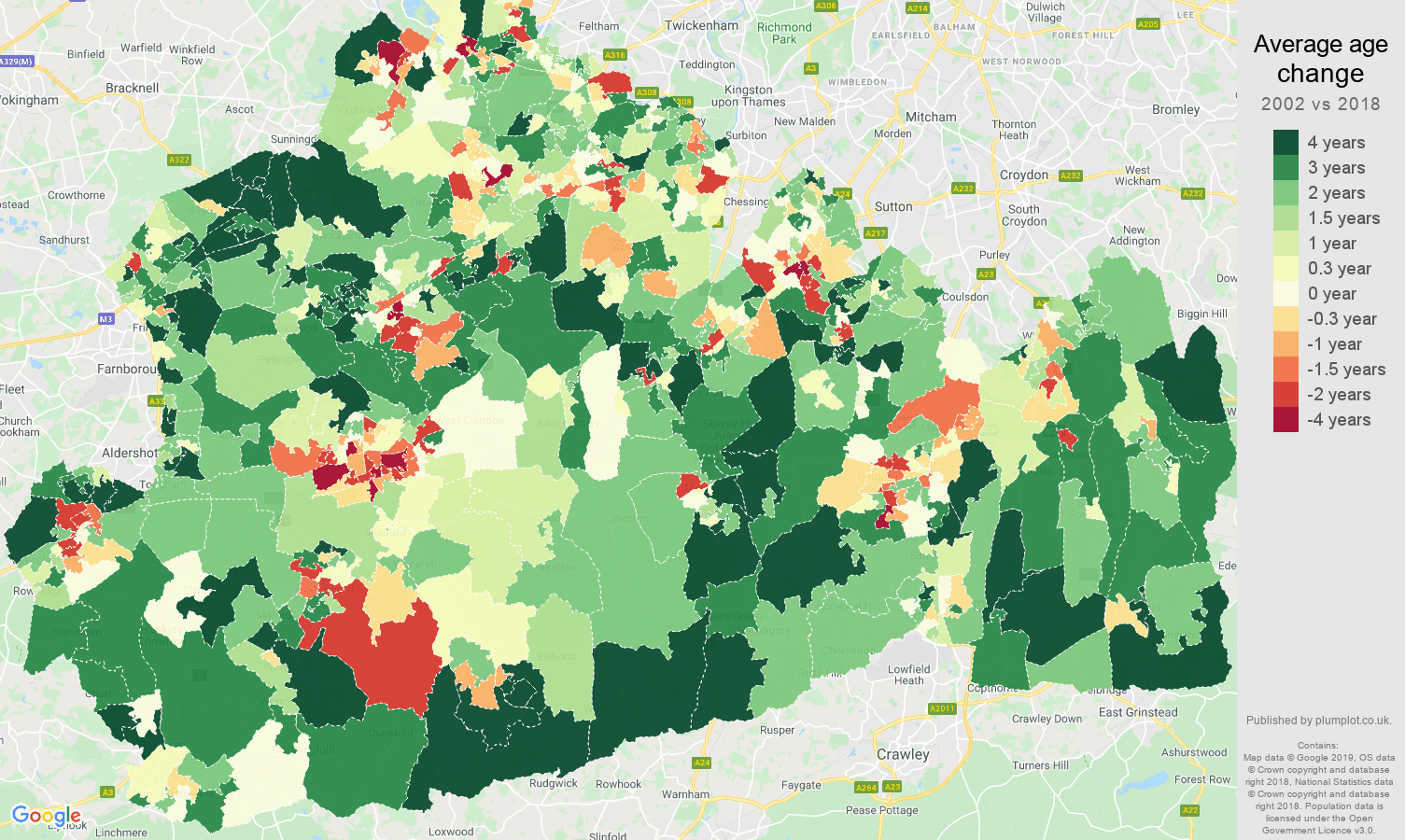 Surrey average age change map