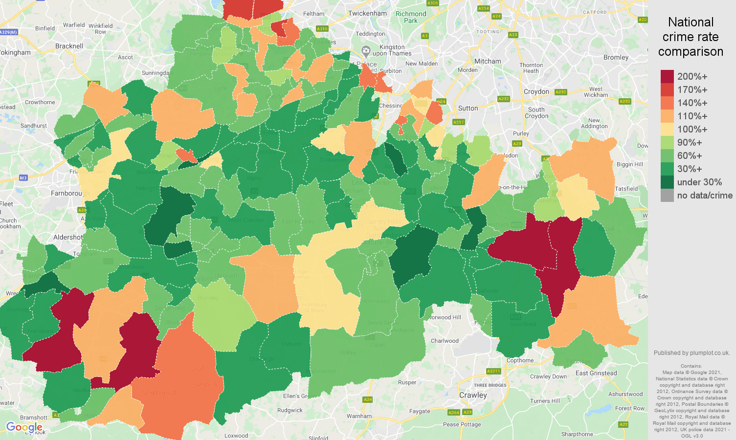 Surrey burglary crime rate comparison map