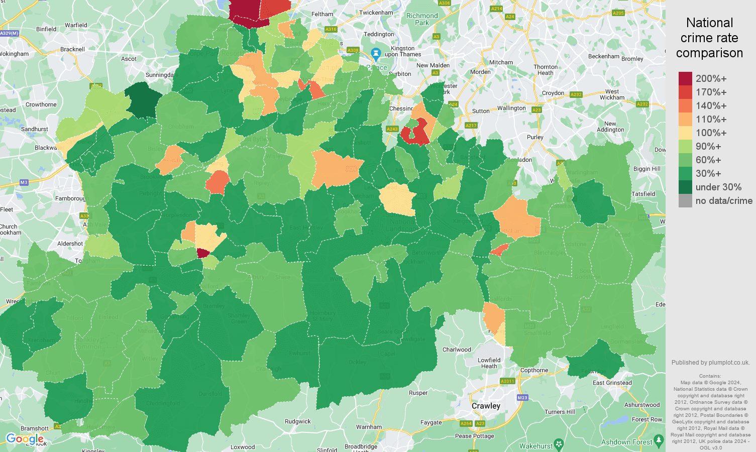 Surrey crime rate comparison map