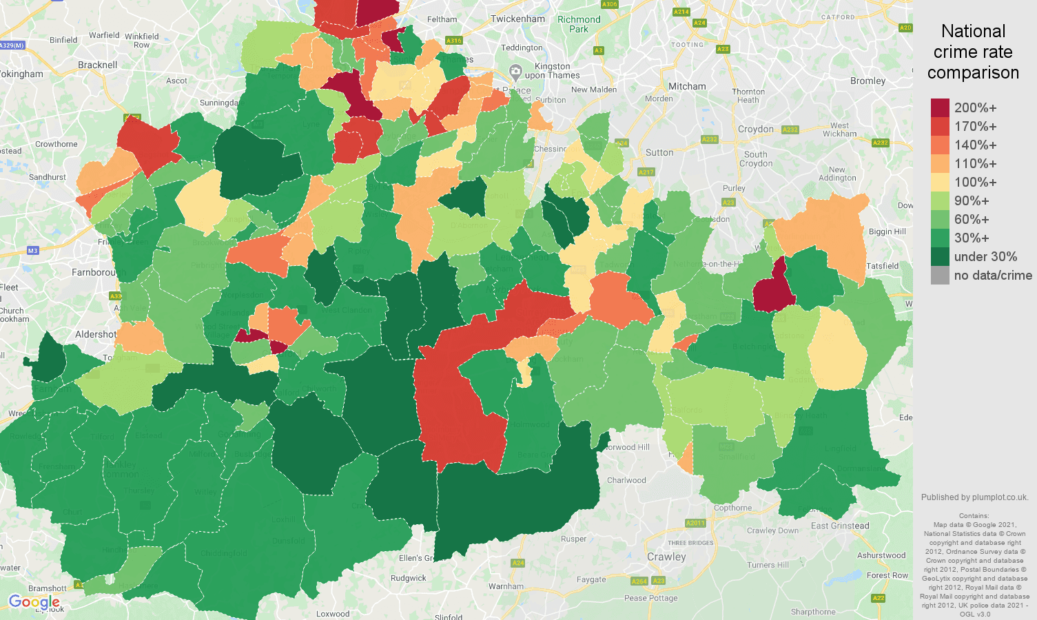 Surrey drugs crime rate comparison map
