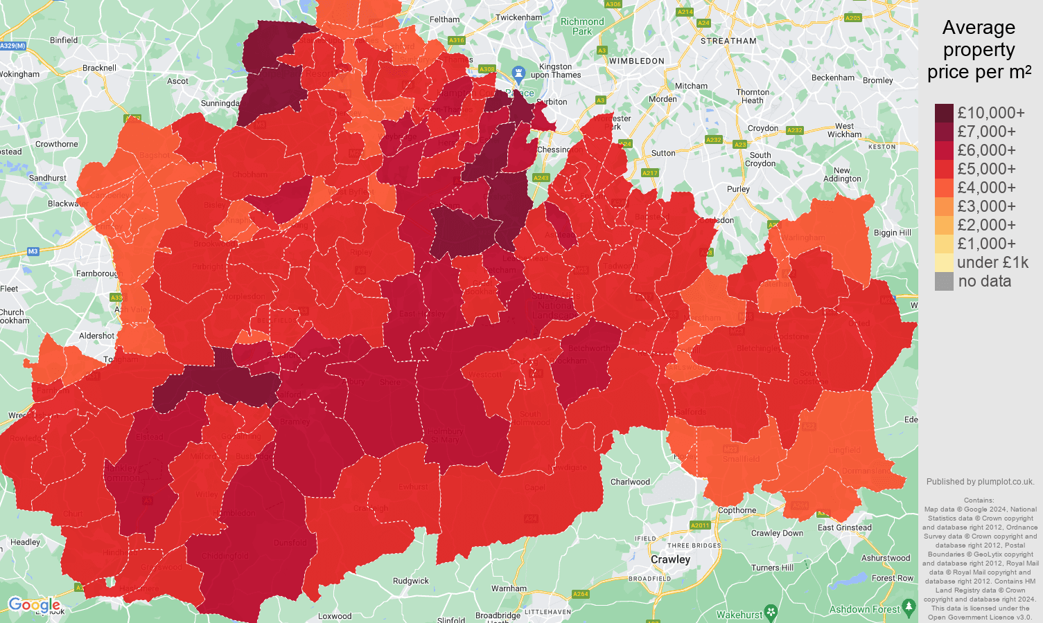 Surrey house prices per square metre map