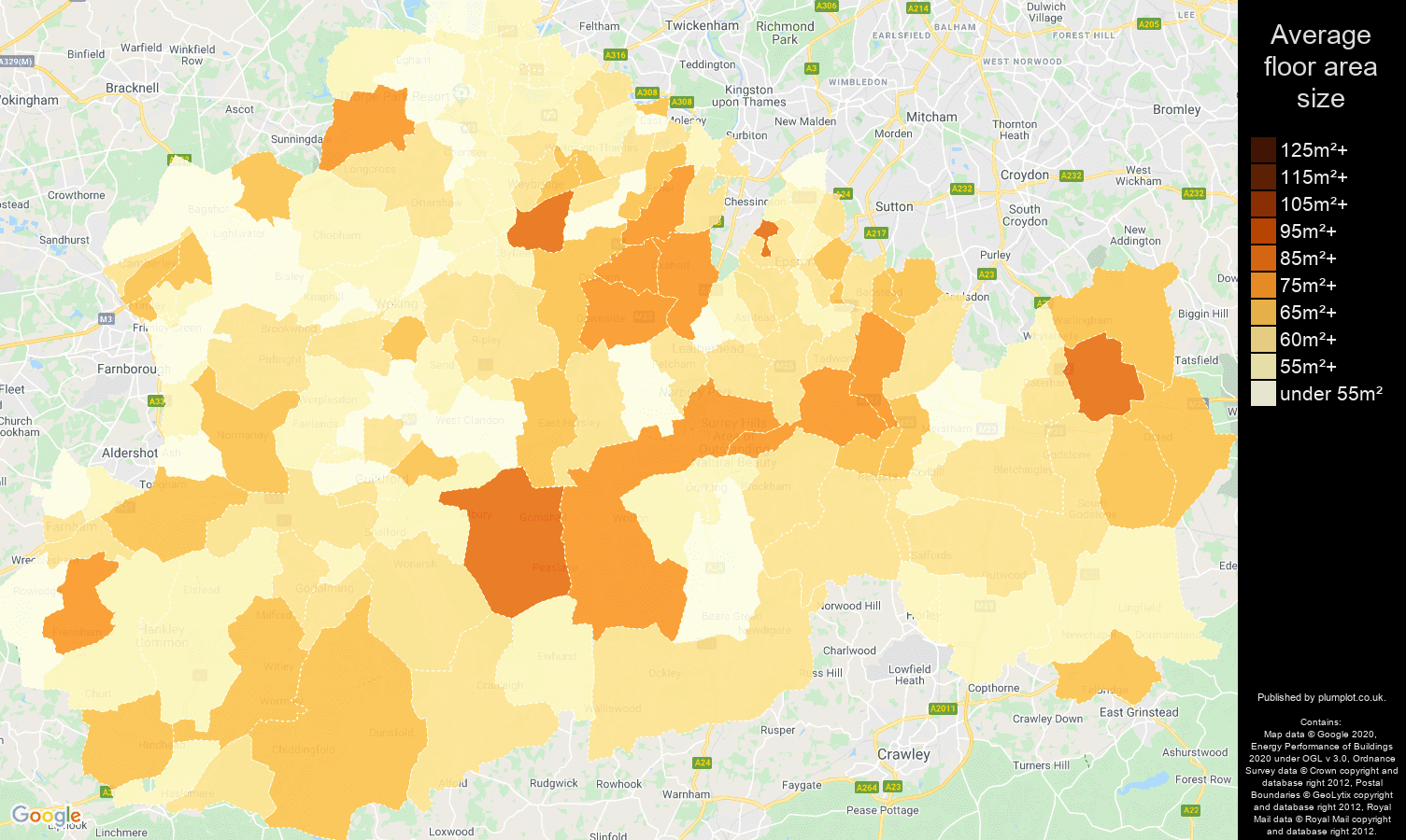 Surrey map of average floor area size of flats