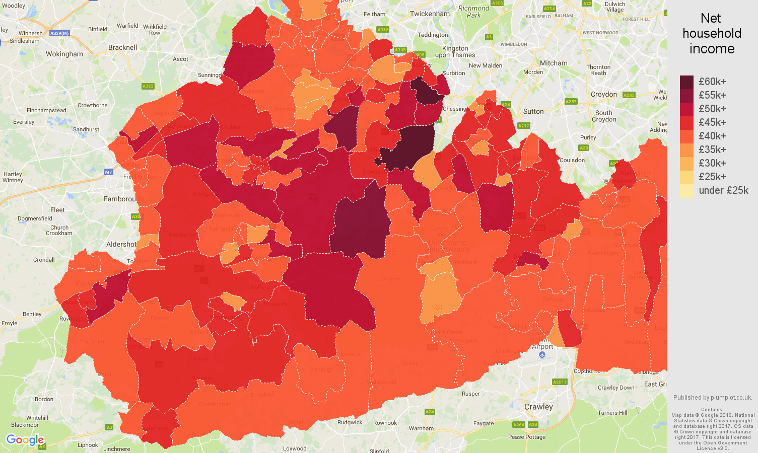 Surrey net household income map