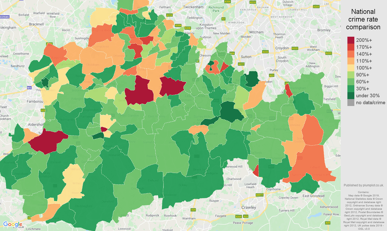 Surrey other theft crime rate comparison map