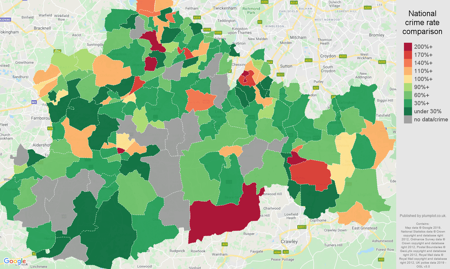 Surrey possession of weapons crime rate comparison map