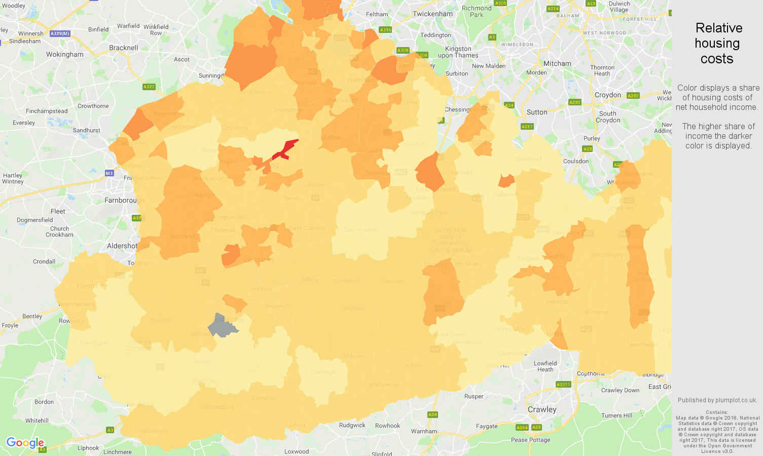 Surrey relative housing costs map
