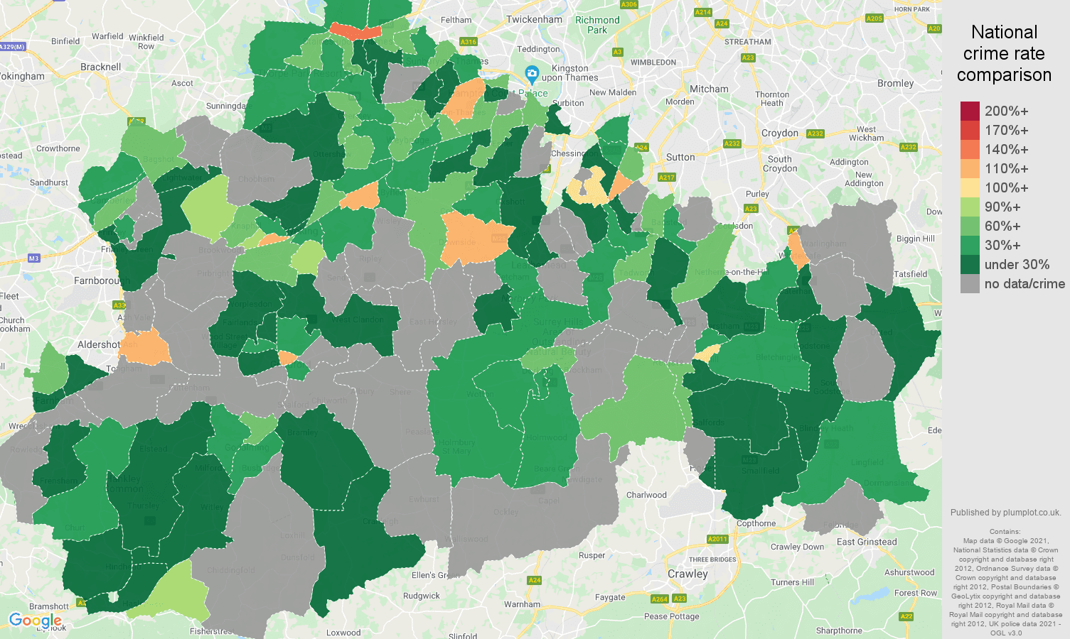 Surrey robbery crime rate comparison map