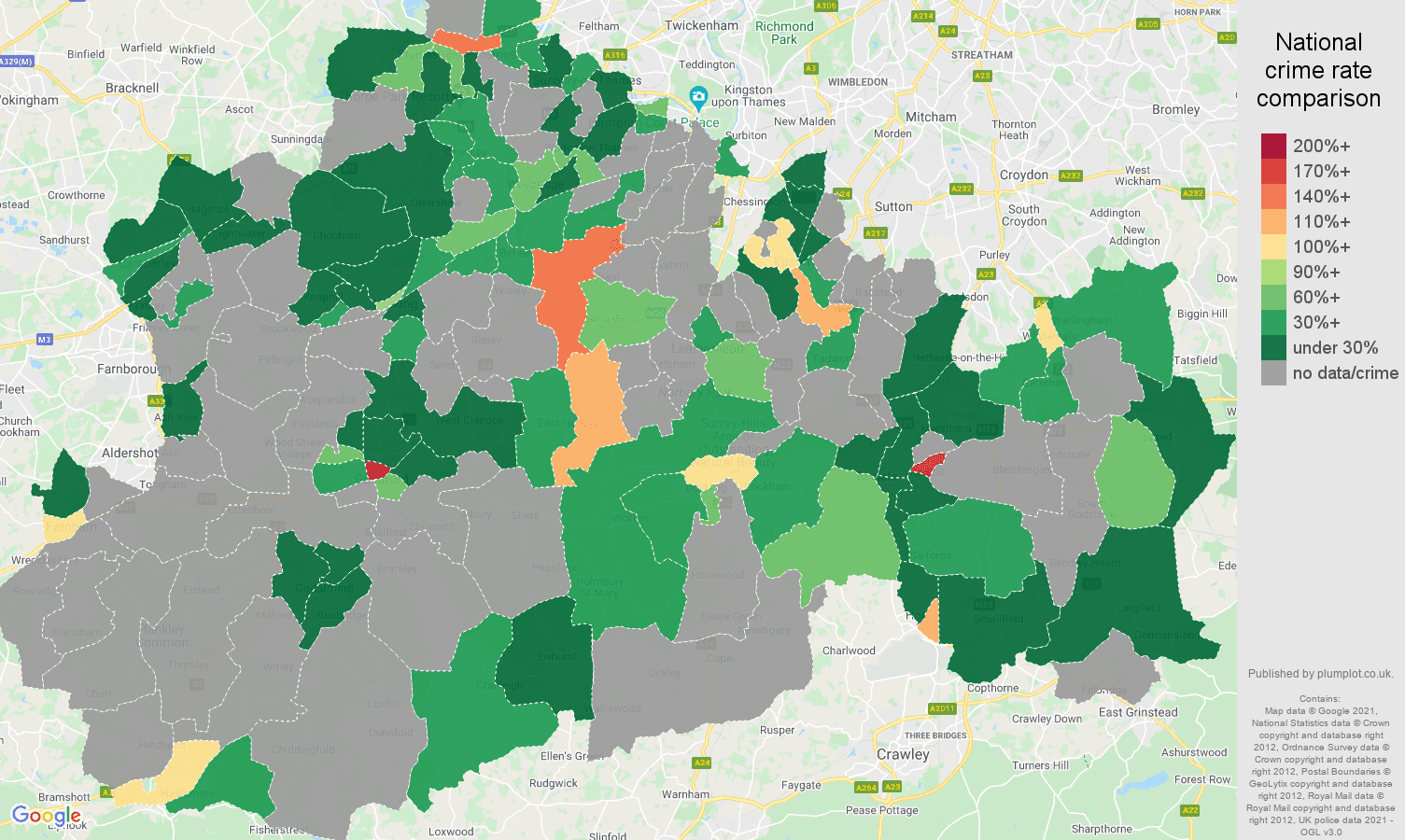 Surrey theft from the person crime rate comparison map