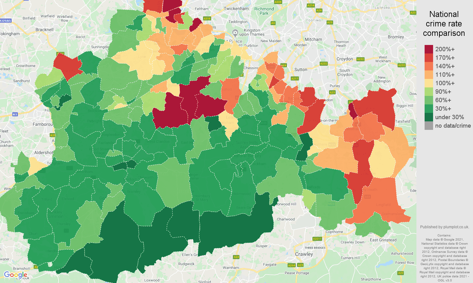 Surrey vehicle crime rate comparison map