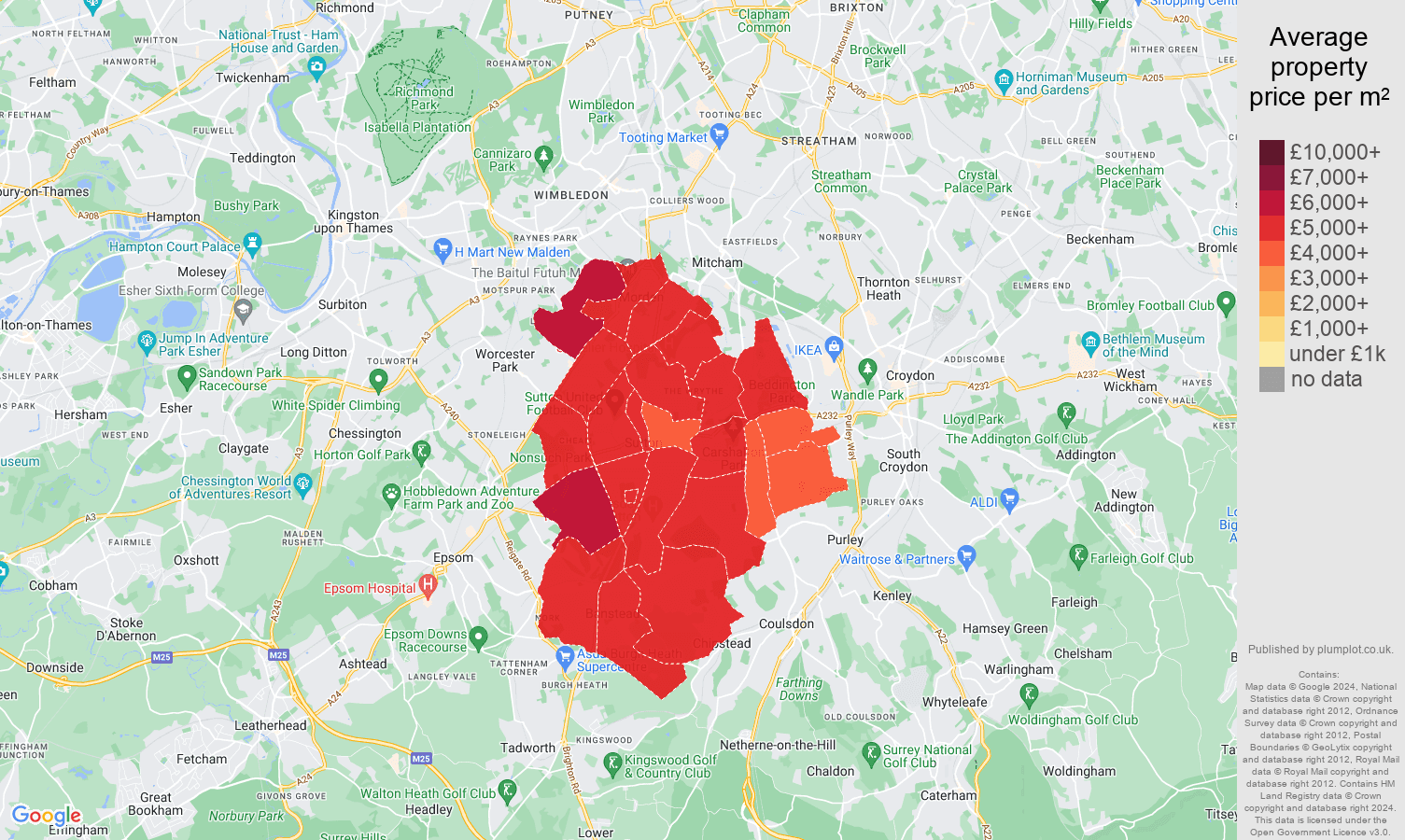 Sutton house prices per square metre map