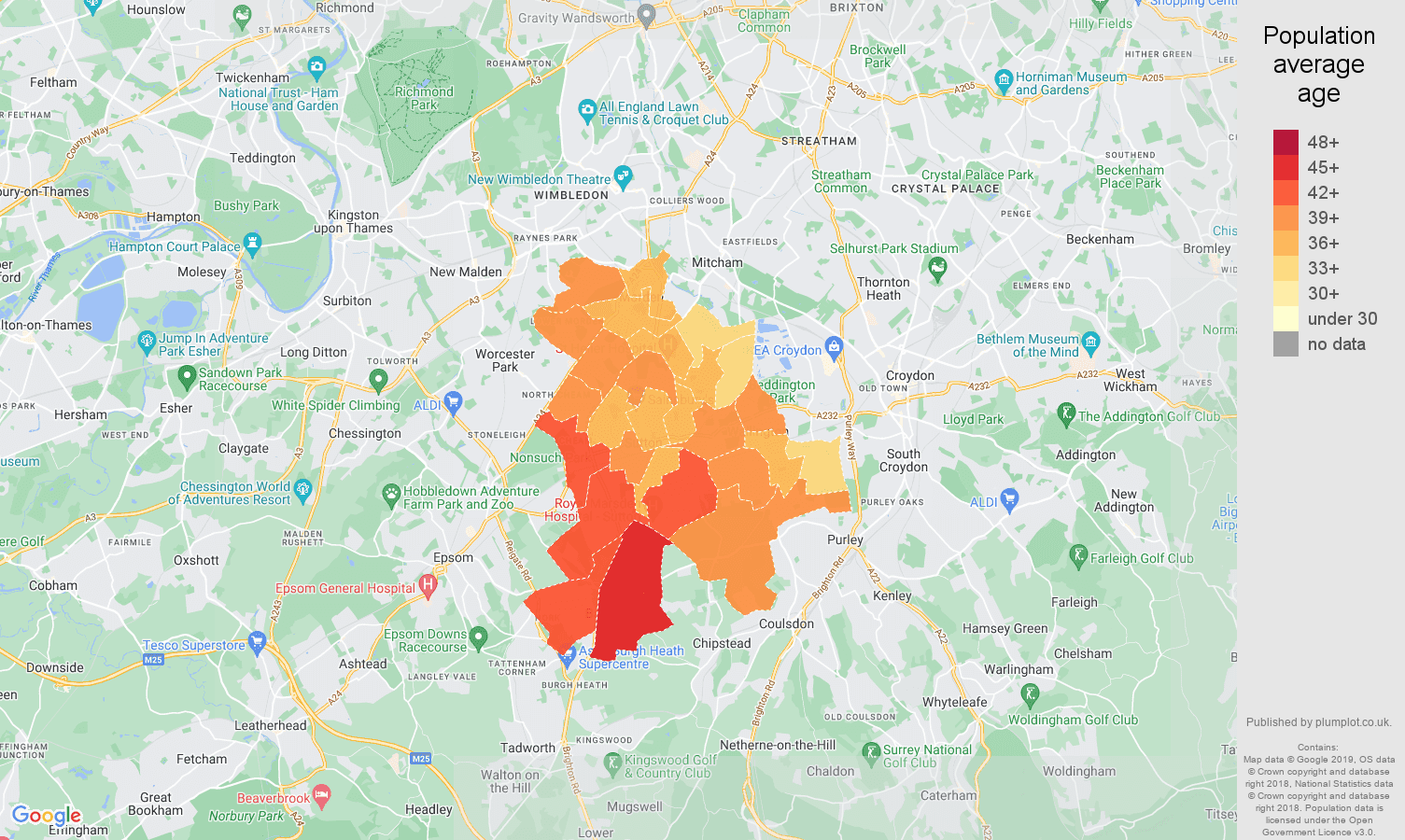 Sutton population average age map