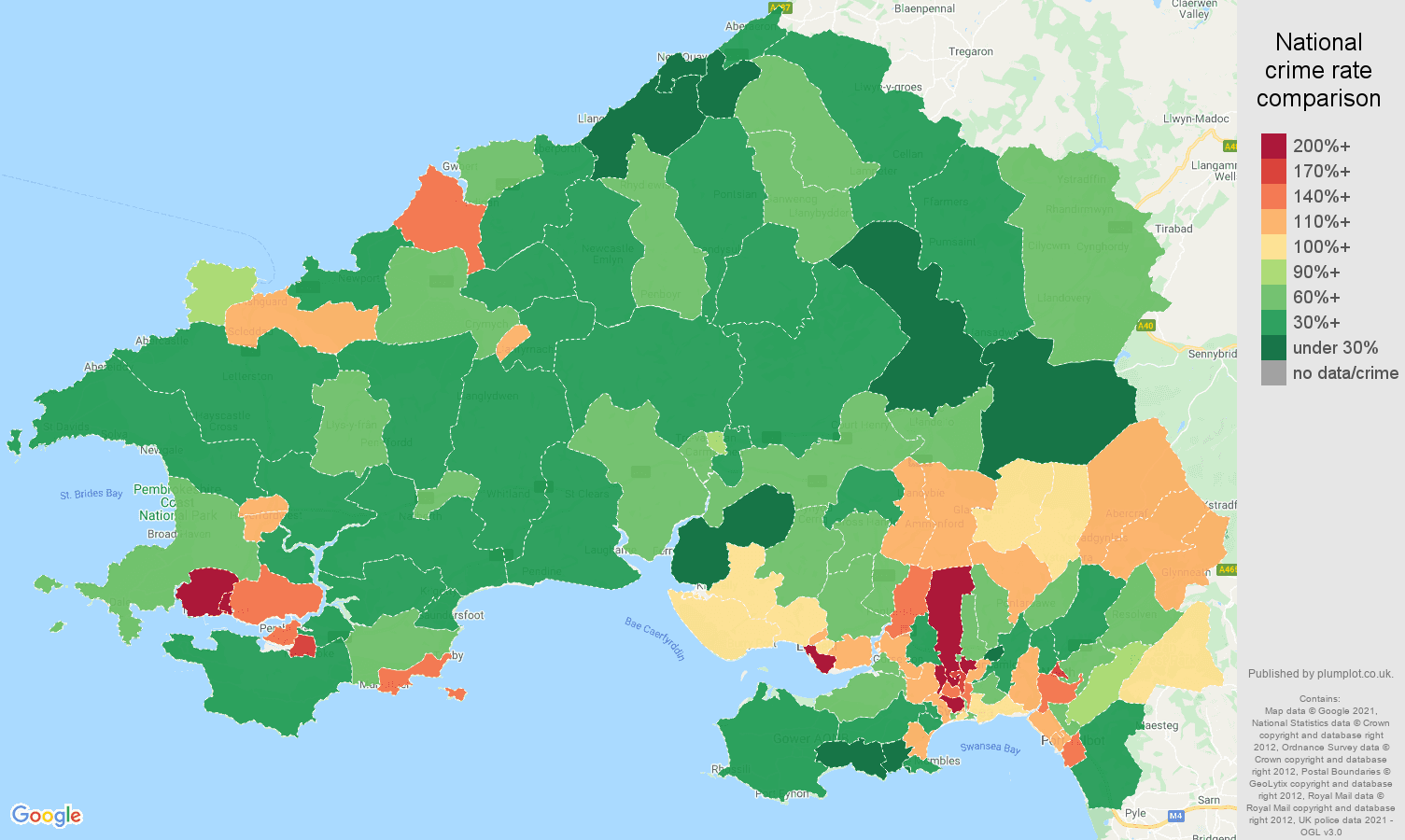 Swansea criminal damage and arson crime rate comparison map