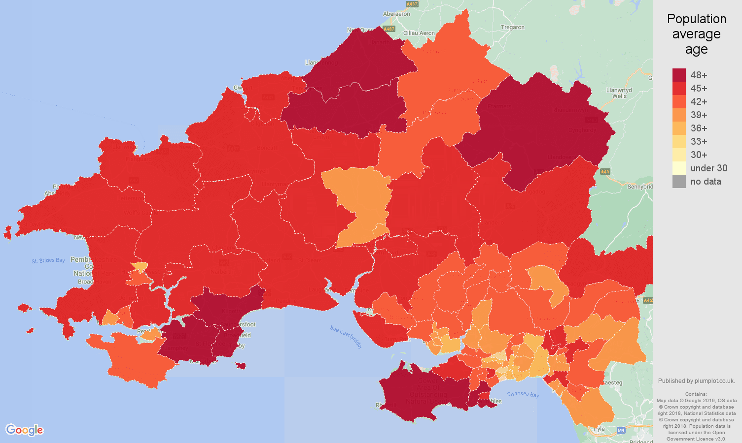 Swansea population average age map