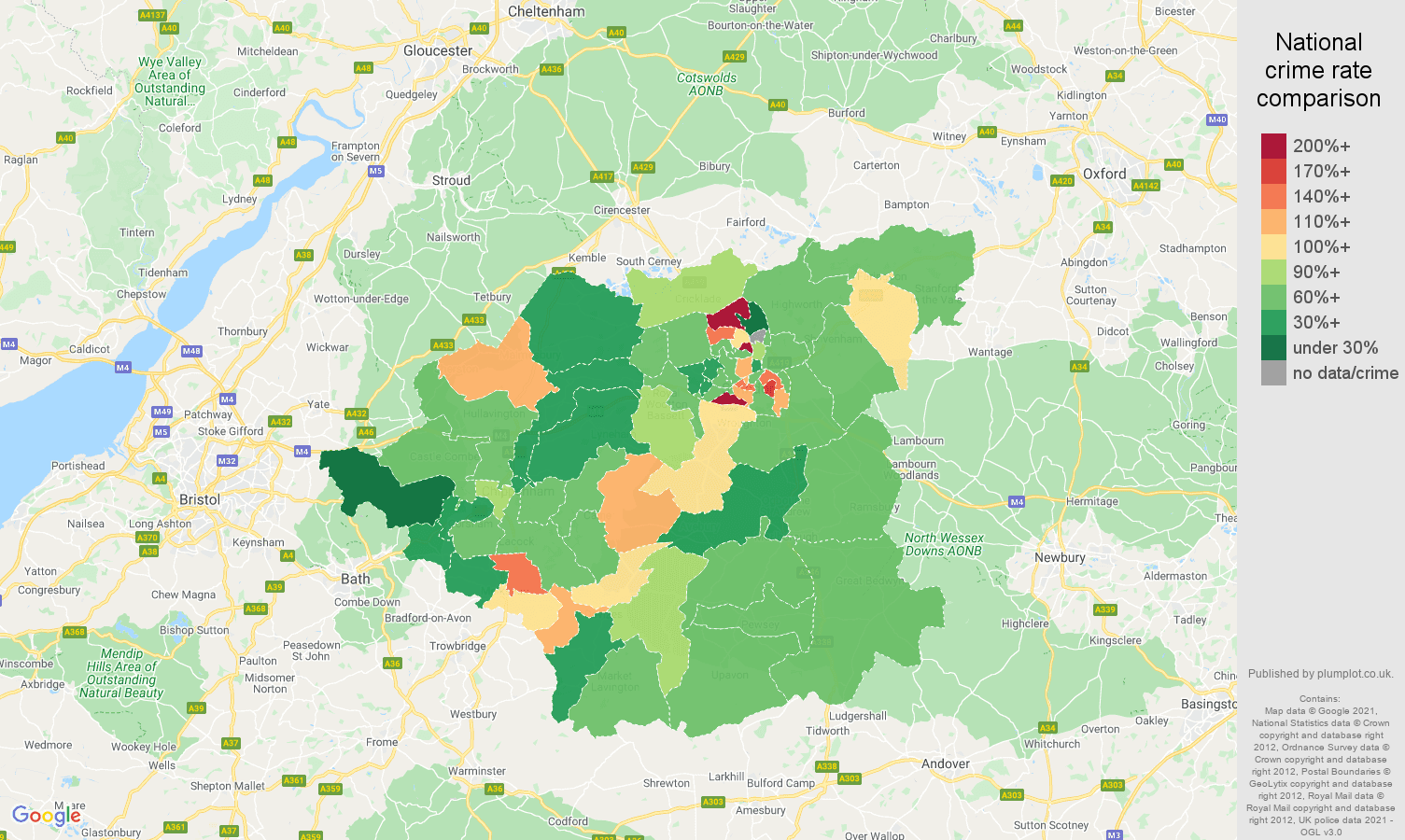 Swindon criminal damage and arson crime rate comparison map