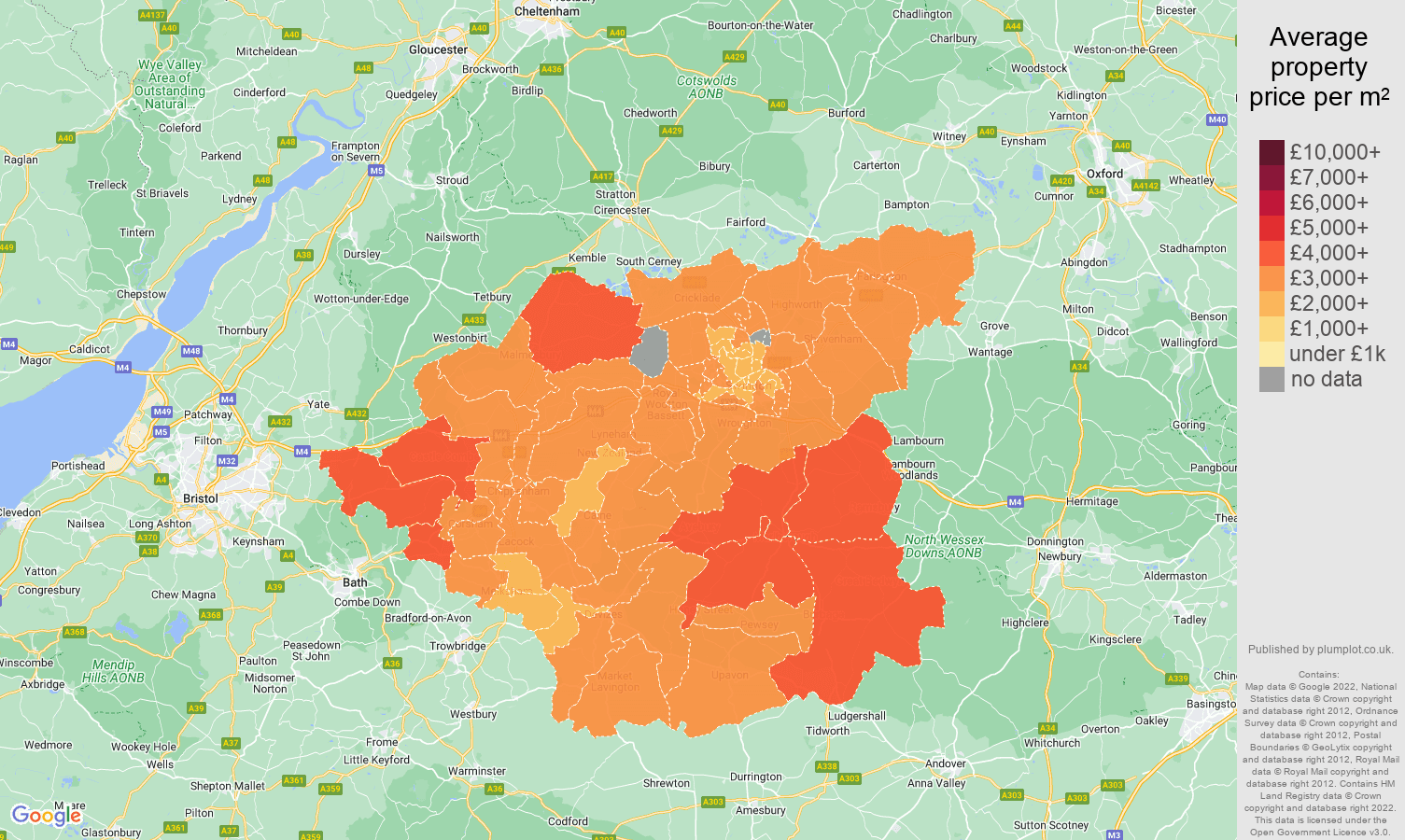 Swindon house prices per square metre map