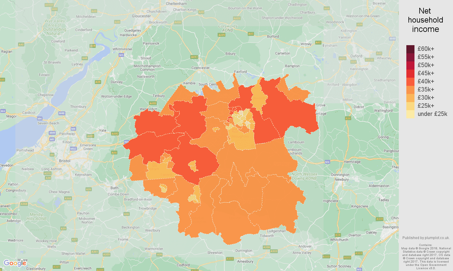Swindon net household income map