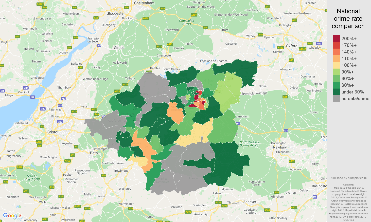 Swindon possession of weapons crime rate comparison map