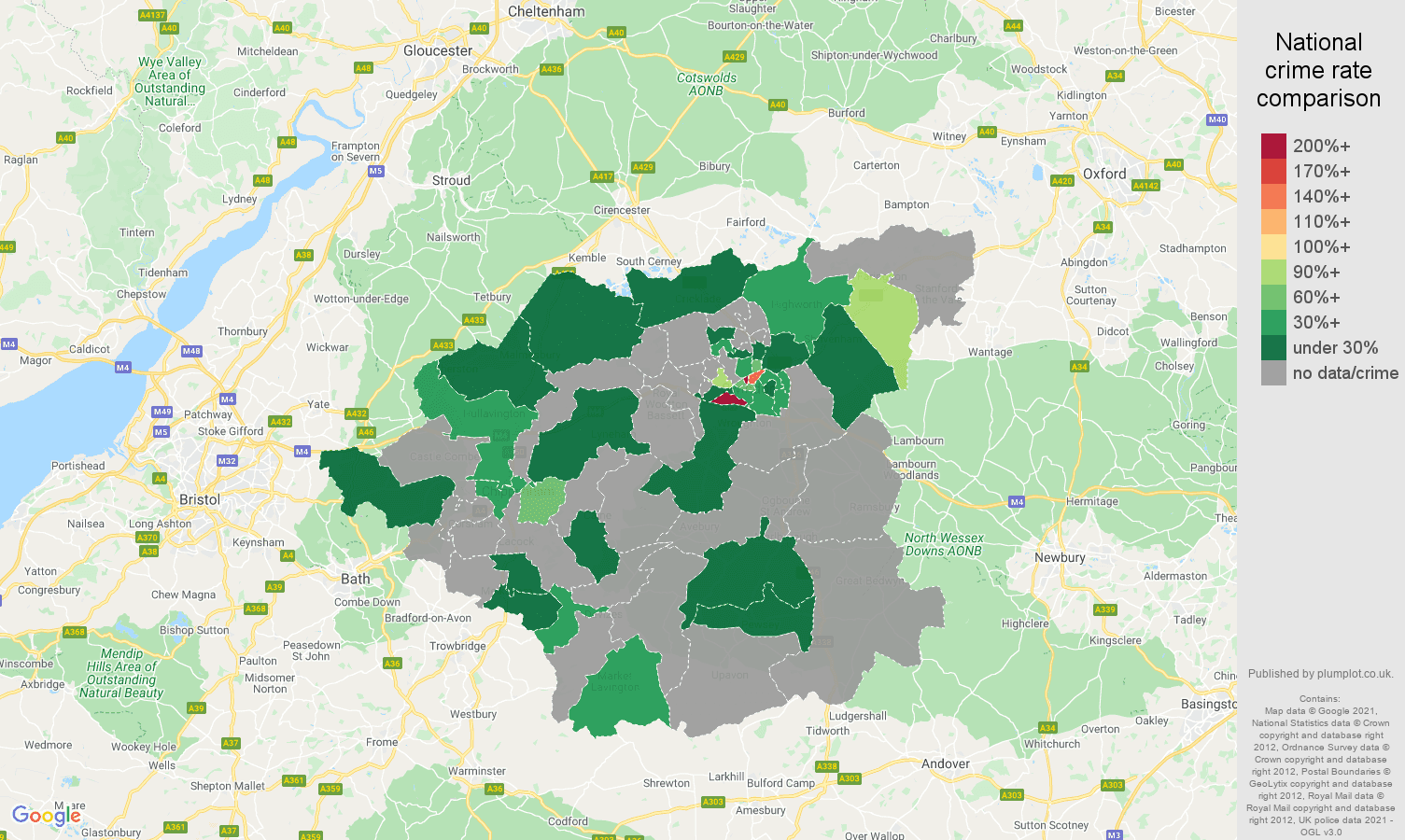 Swindon theft from the person crime rate comparison map
