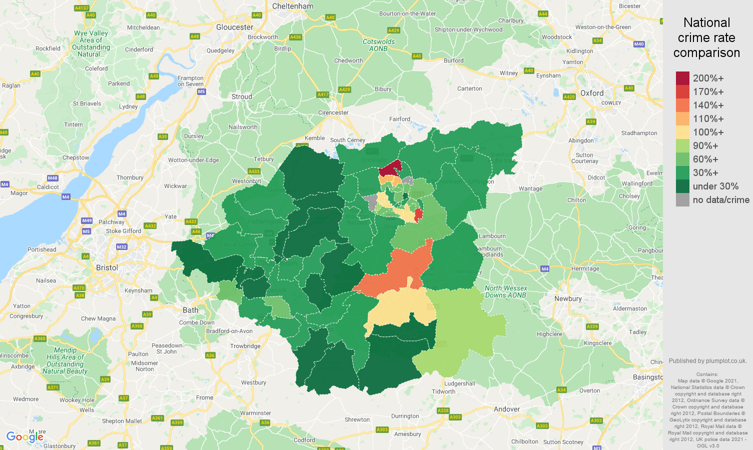 Swindon vehicle crime rate comparison map