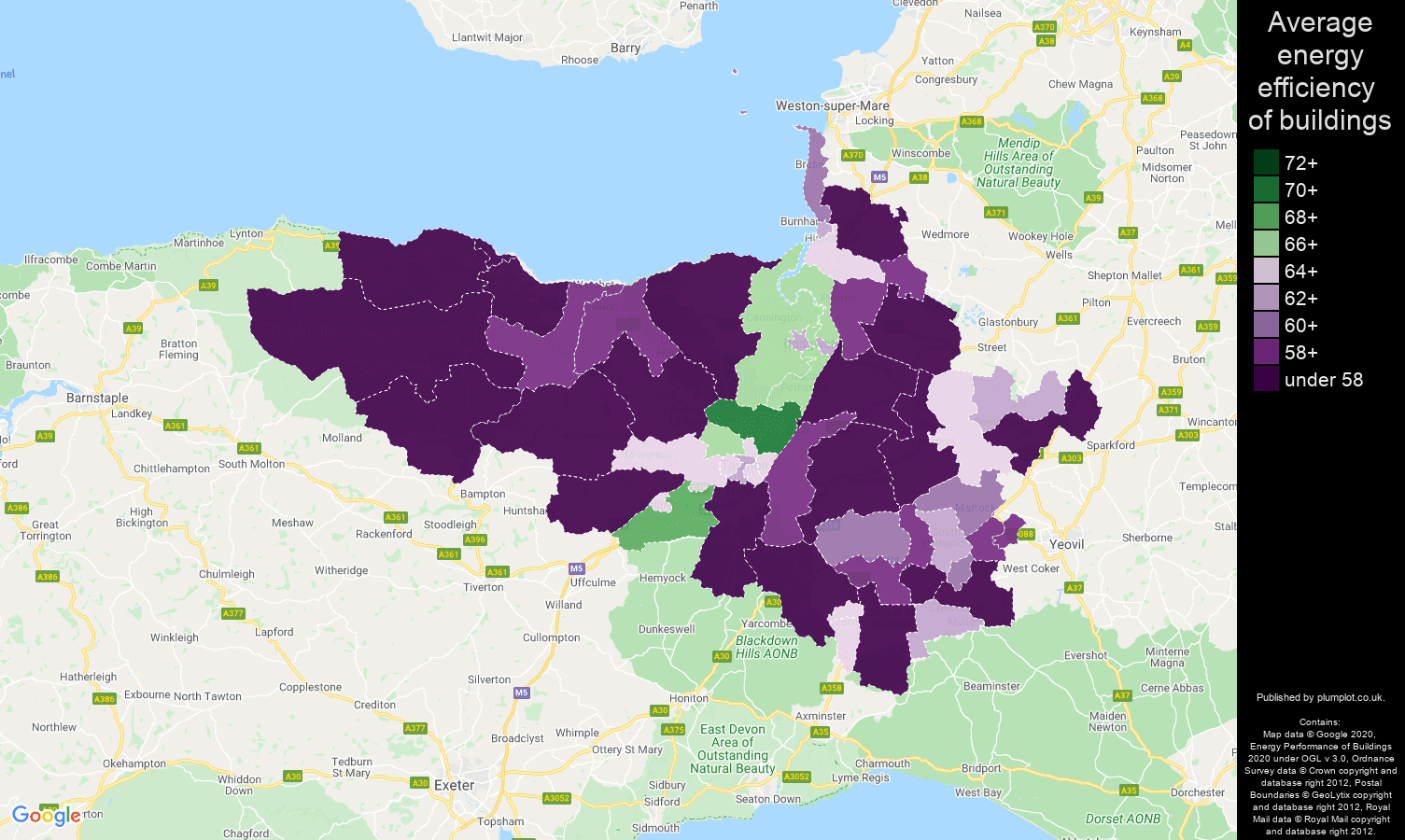 Taunton map of energy efficiency of houses