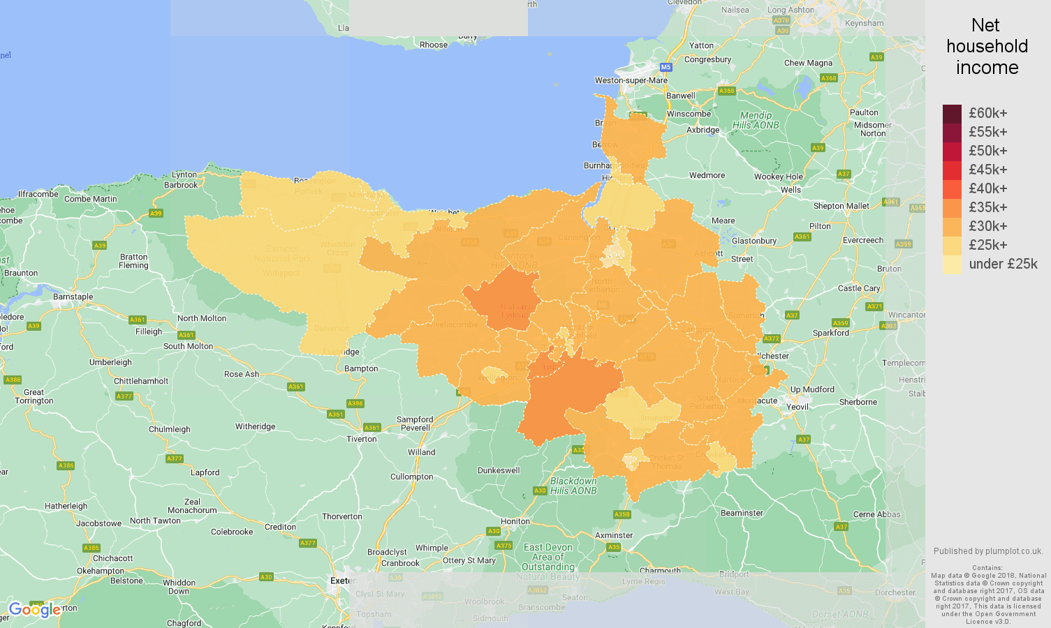 Taunton net household income map