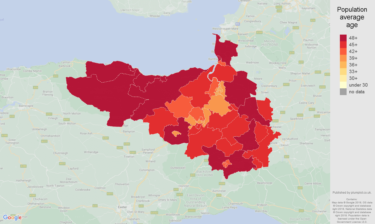 Taunton population average age map