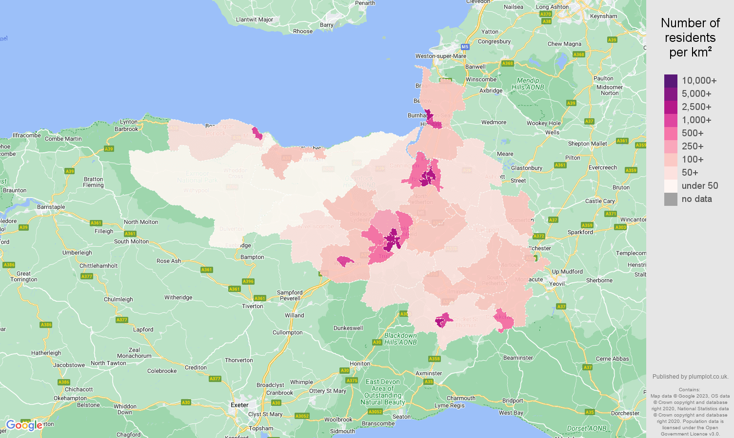 Taunton population density map