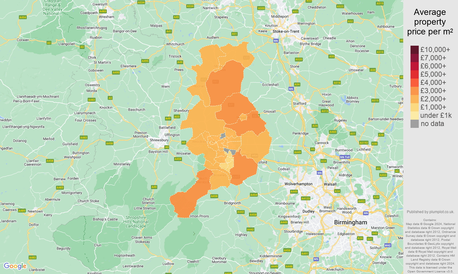 Telford house prices per square metre map
