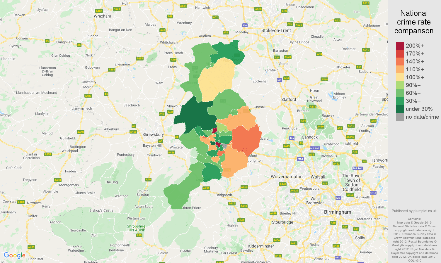 Telford other theft crime rate comparison map