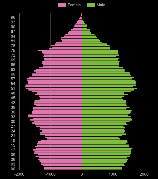 Telford population pyramid by year