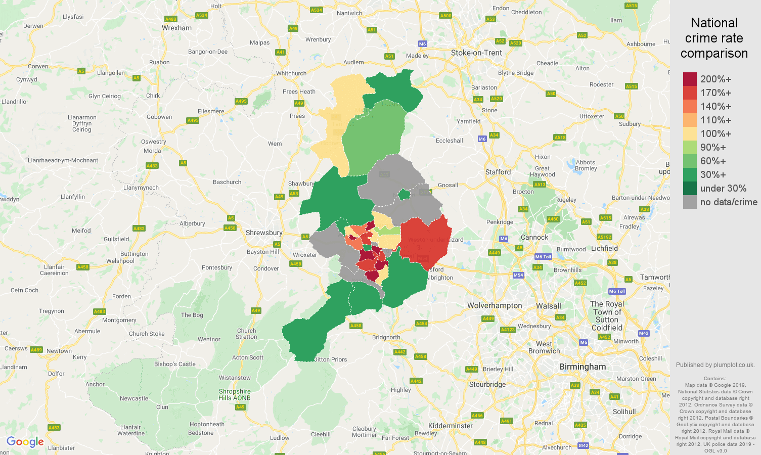 Telford possession of weapons crime rate comparison map