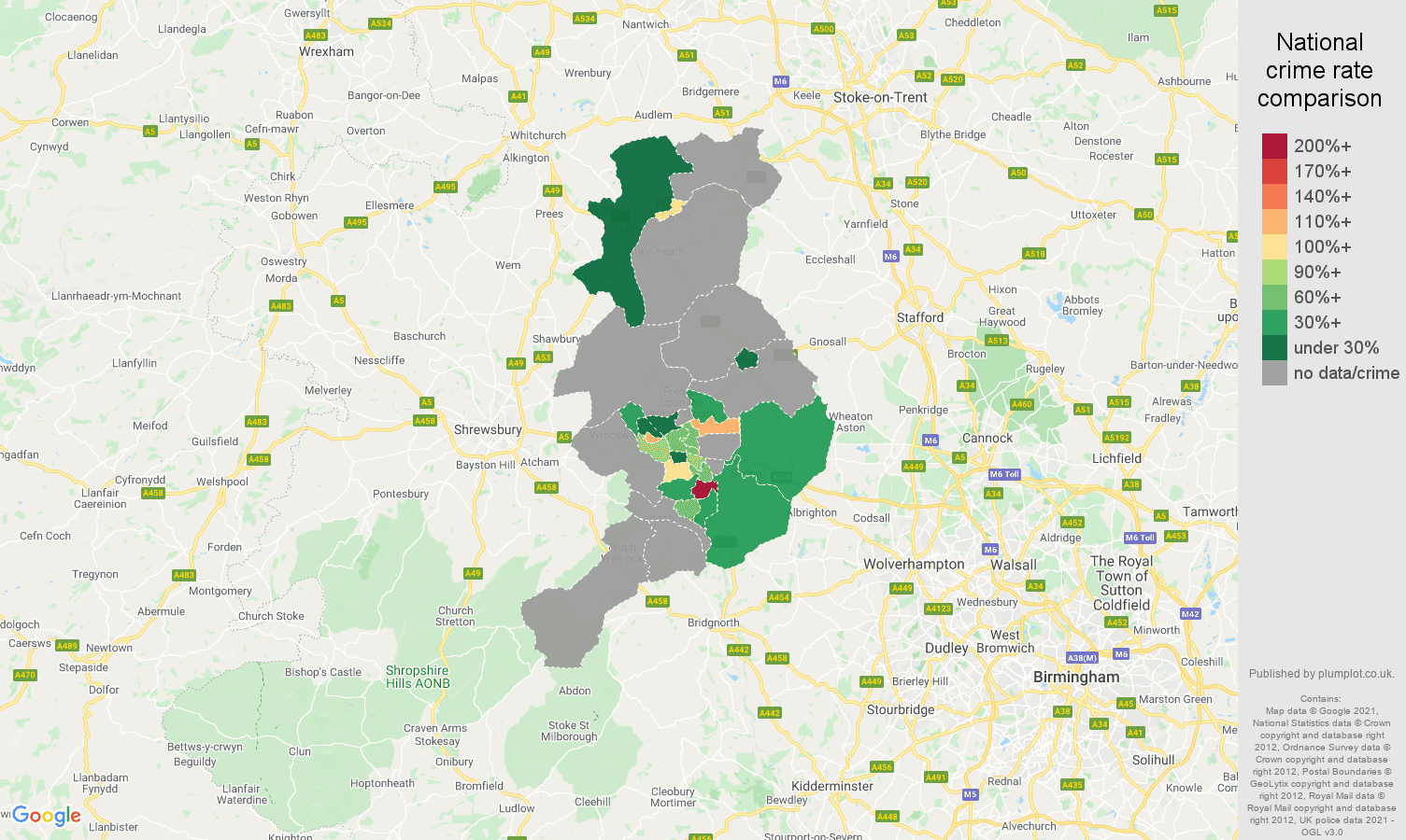 Telford robbery crime rate comparison map