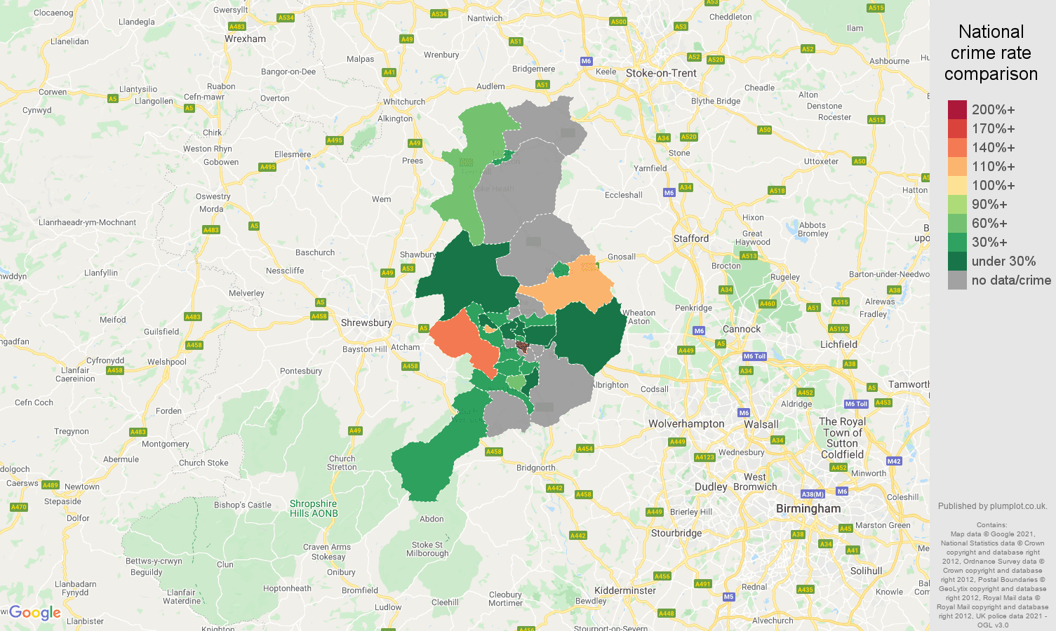 Telford theft from the person crime rate comparison map