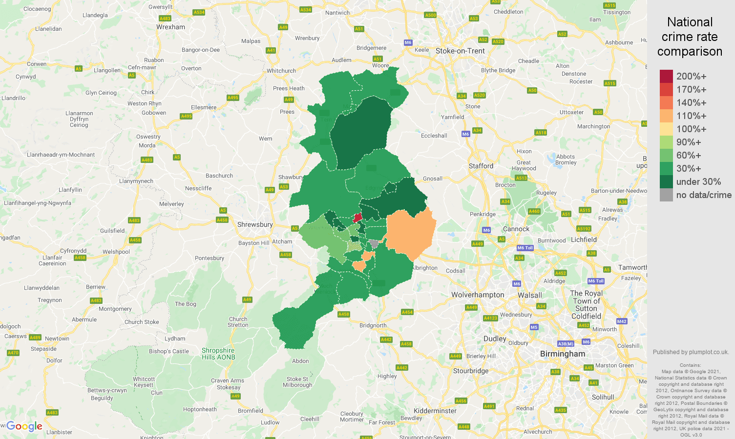 Telford vehicle crime rate comparison map