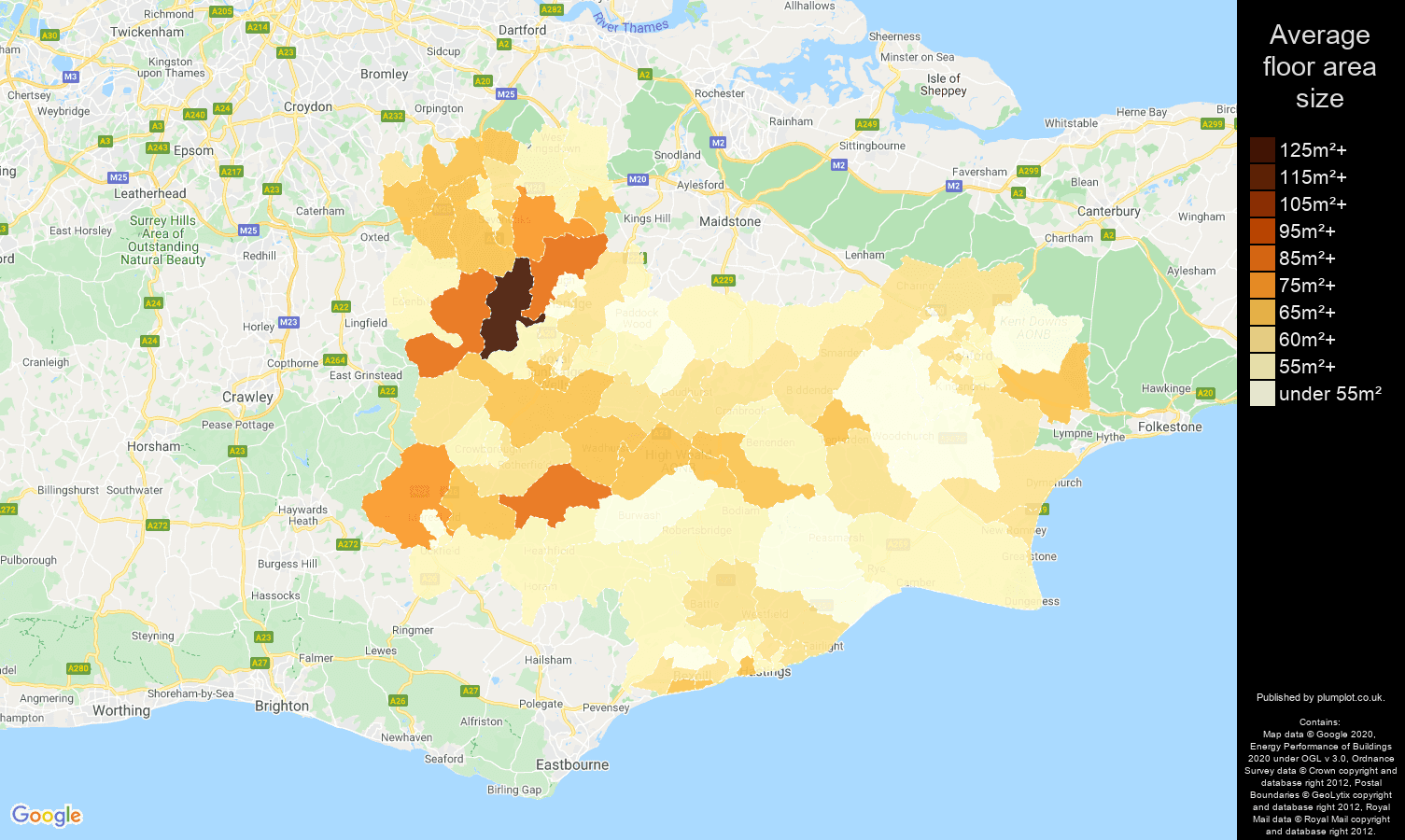 Tonbridge map of average floor area size of flats