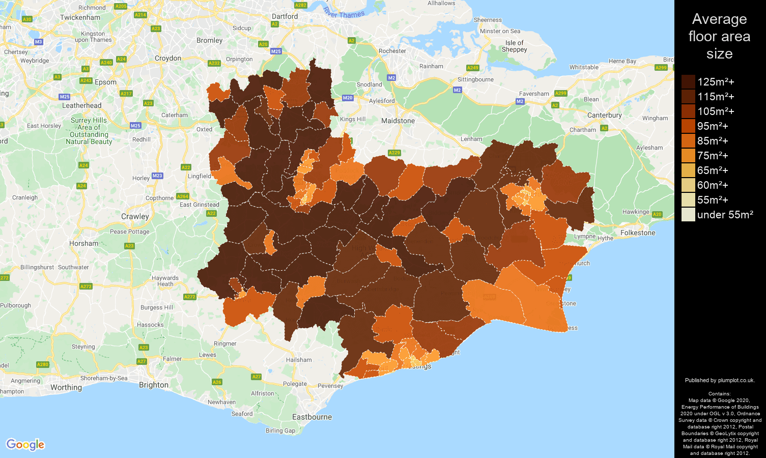 Tonbridge map of average floor area size of properties