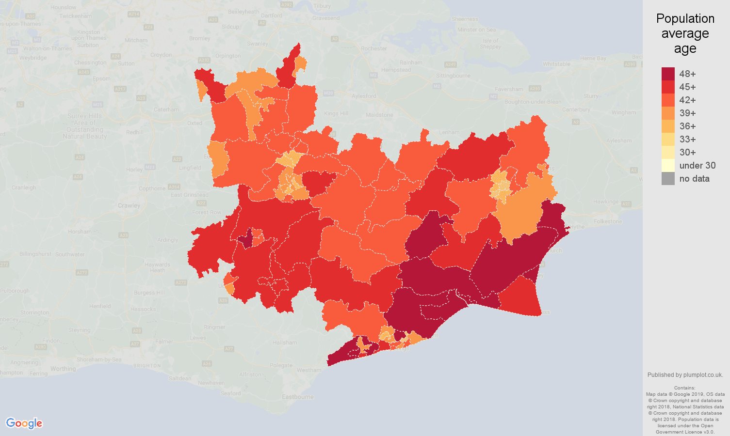Tonbridge population average age map