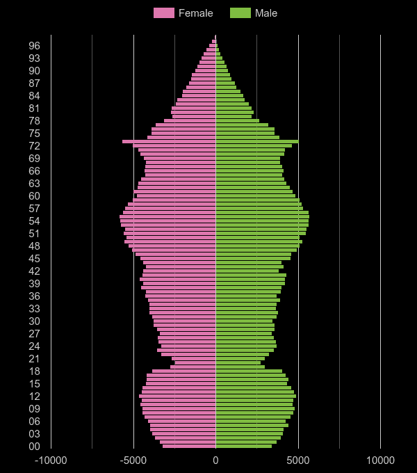 Tonbridge population pyramid by year