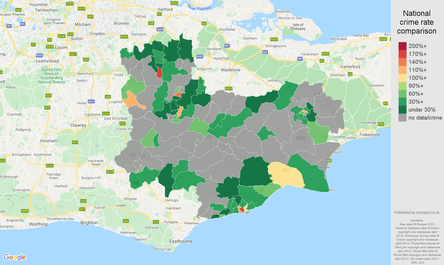 Tonbridge theft from the person crime rate comparison map