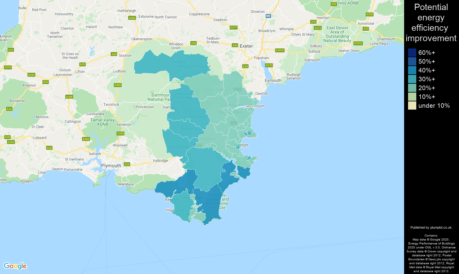Torquay map of potential energy efficiency improvement of houses
