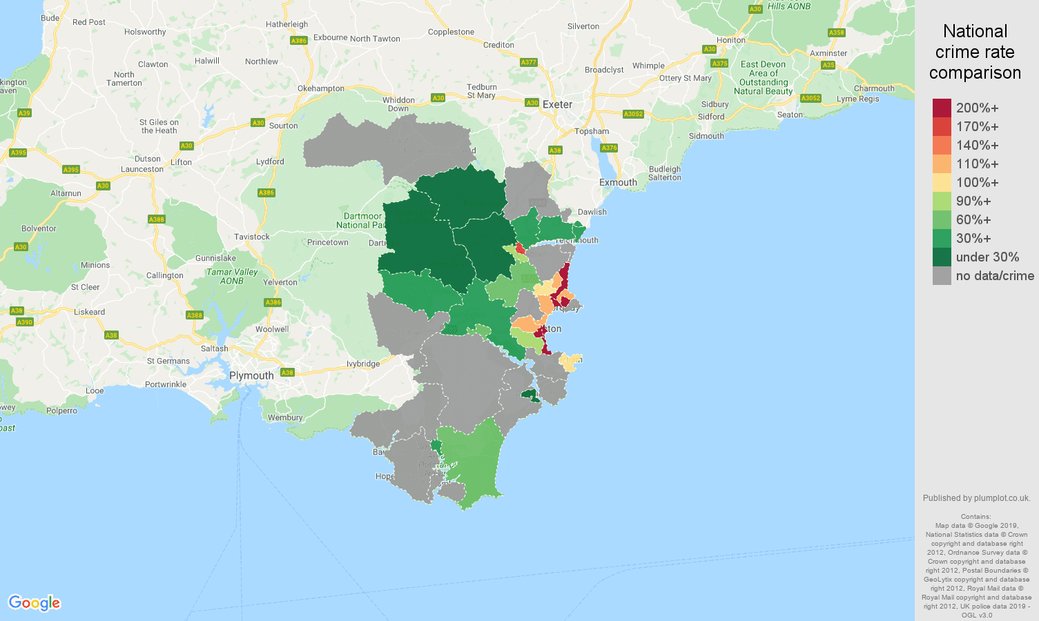 Torquay possession of weapons crime rate comparison map