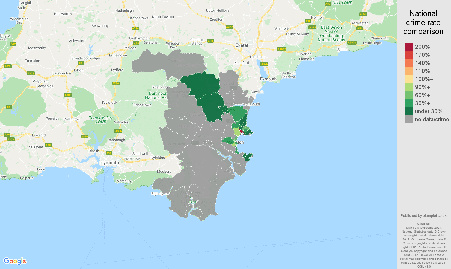Torquay theft from the person crime rate comparison map
