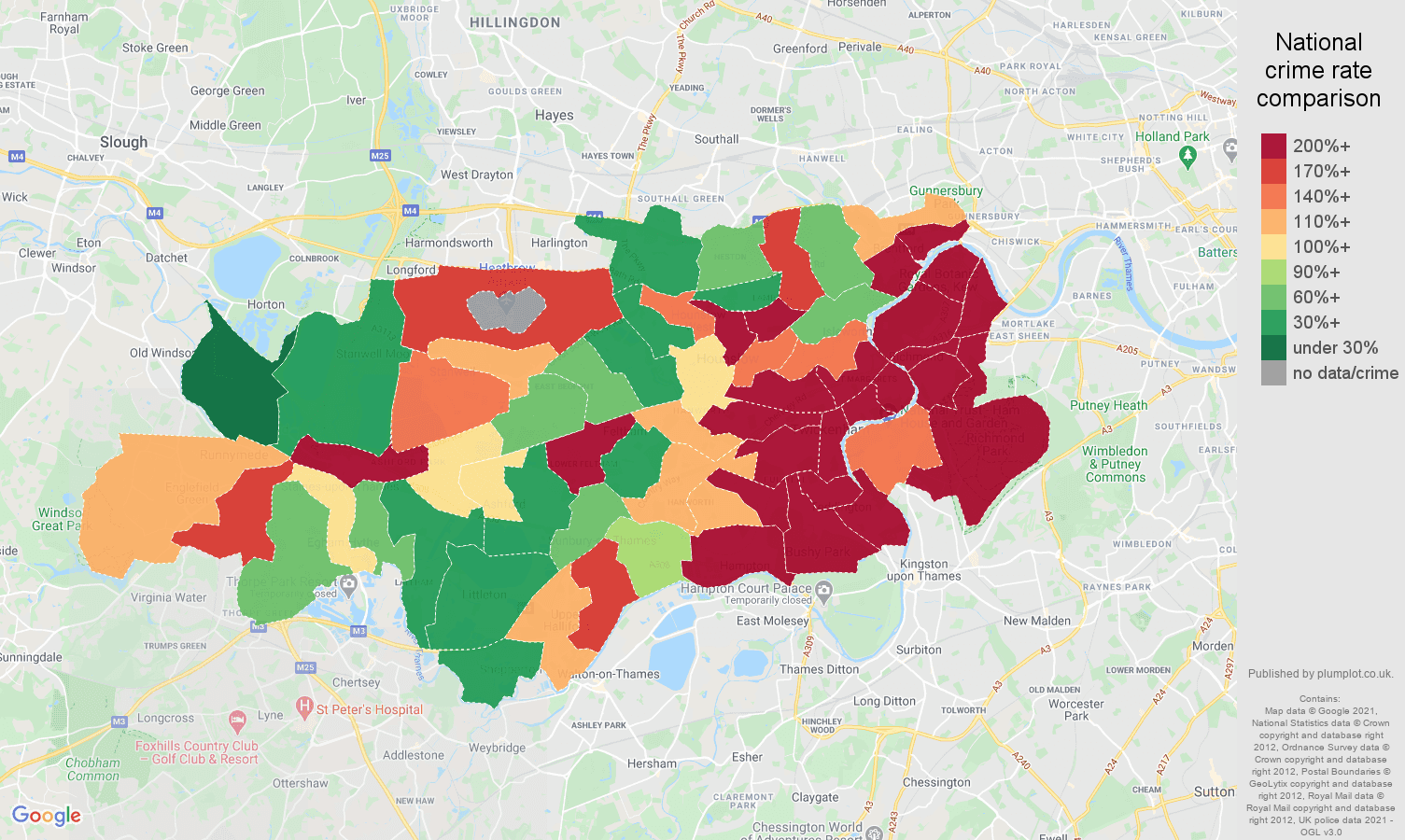 Twickenham bicycle theft crime rate comparison map