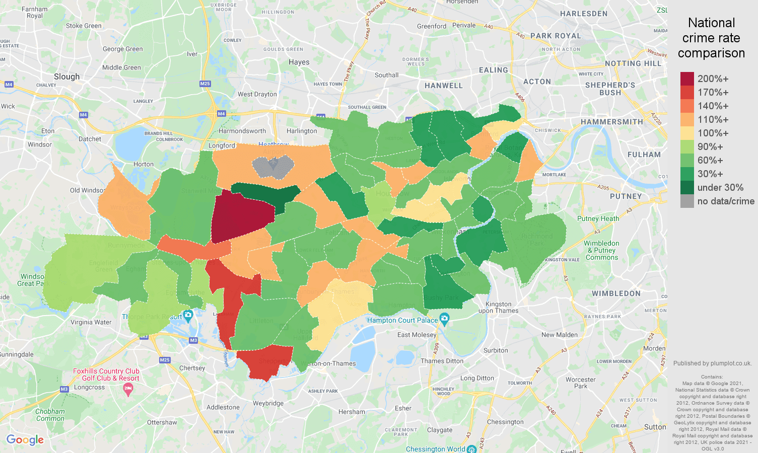 Twickenham criminal damage and arson crime rate comparison map