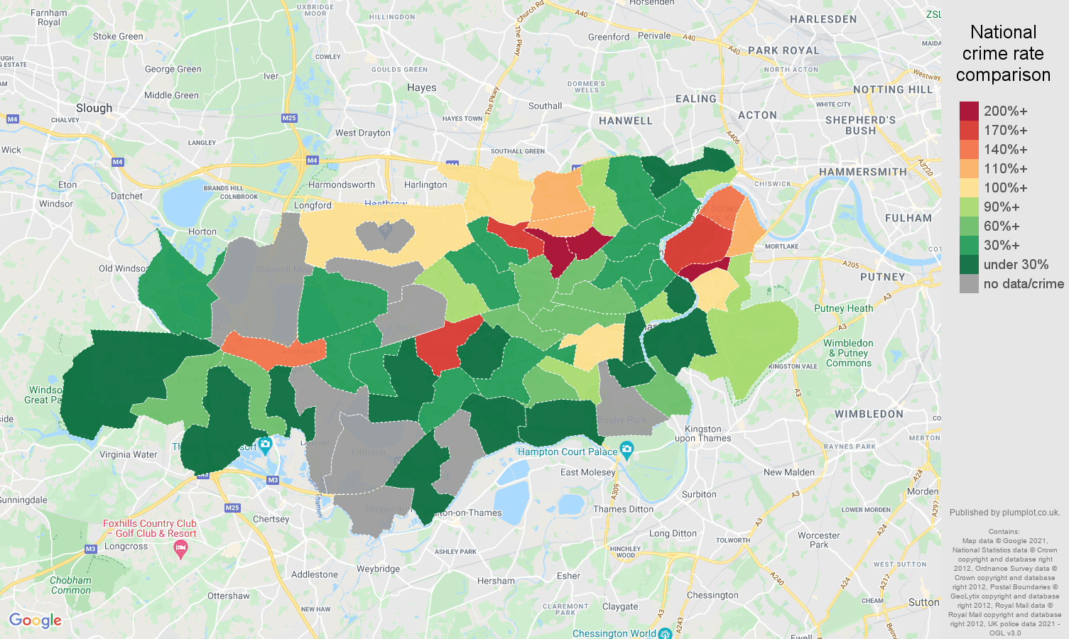 Twickenham theft from the person crime rate comparison map