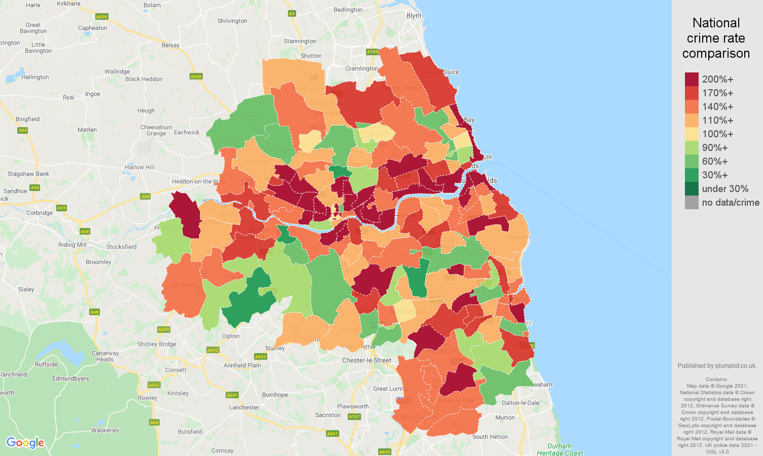 Tyne and Wear antisocial behaviour crime rate comparison map